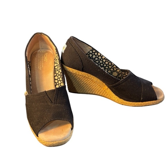 TOMS Black Twill Classic Wedge Women’s Sandals Size 8.5 - Picture 1 of 9